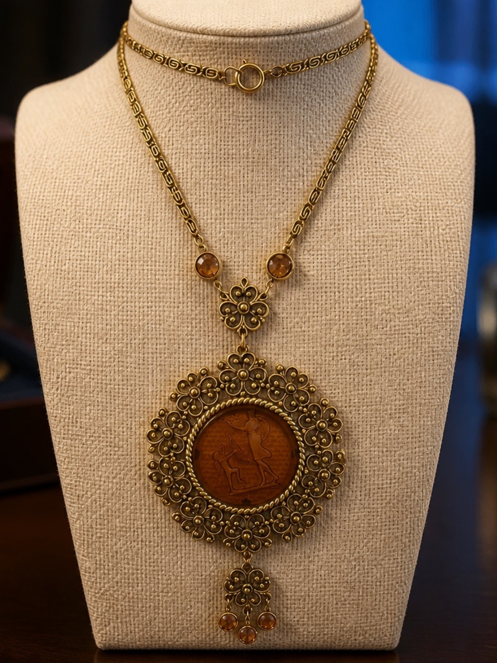 Gold Floral Statement Necklace with Amber Accents